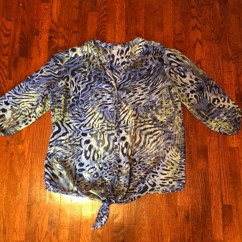 Dress Barn animal print see through front tie blouse